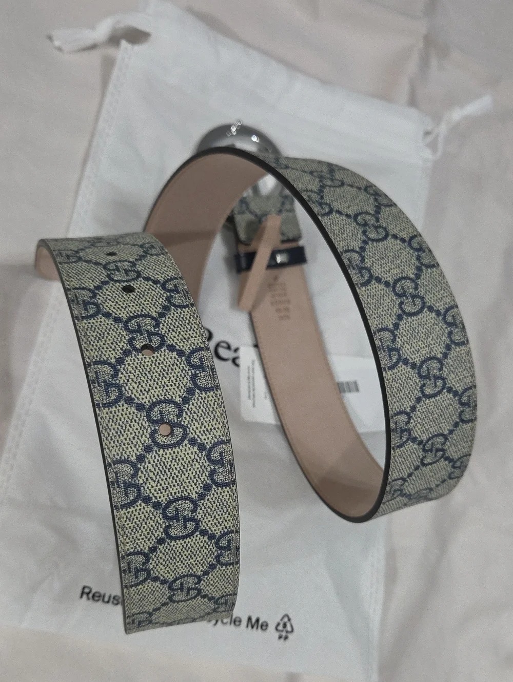 Gucci GG Supreme Monogram Belt with Silver Double G Buckle Beige/Navy